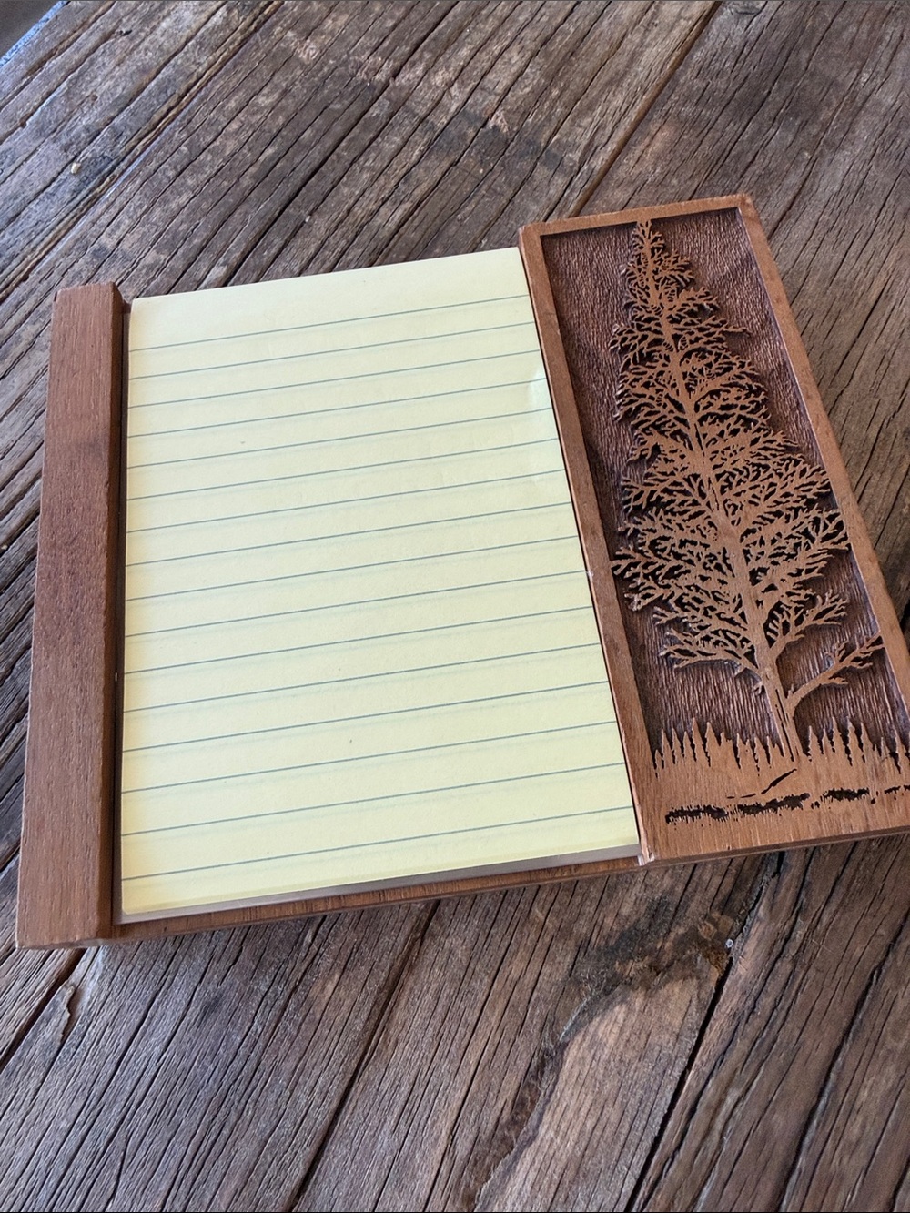 Solid Walnut Wooden Notepad Holder with Tree Carving - Desk Organizer